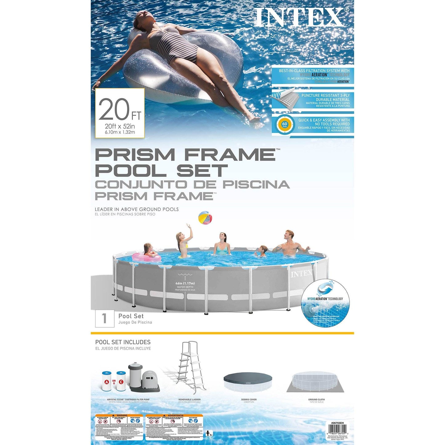 Intex 20ft x 52in Prism Frame Above Ground Swimming Pool Set with Filter Pump