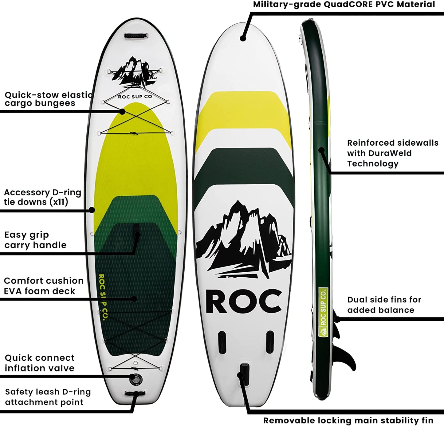 Roc Inflatable Stand Up Paddle Boards , Wide Stable Design, Non-Slip Comfort Deck