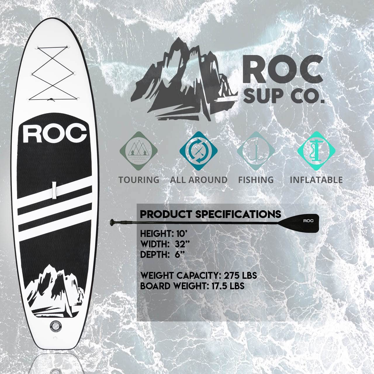Roc Inflatable Stand Up Paddle Boards , Wide Stable Design, Non-Slip Comfort Deck