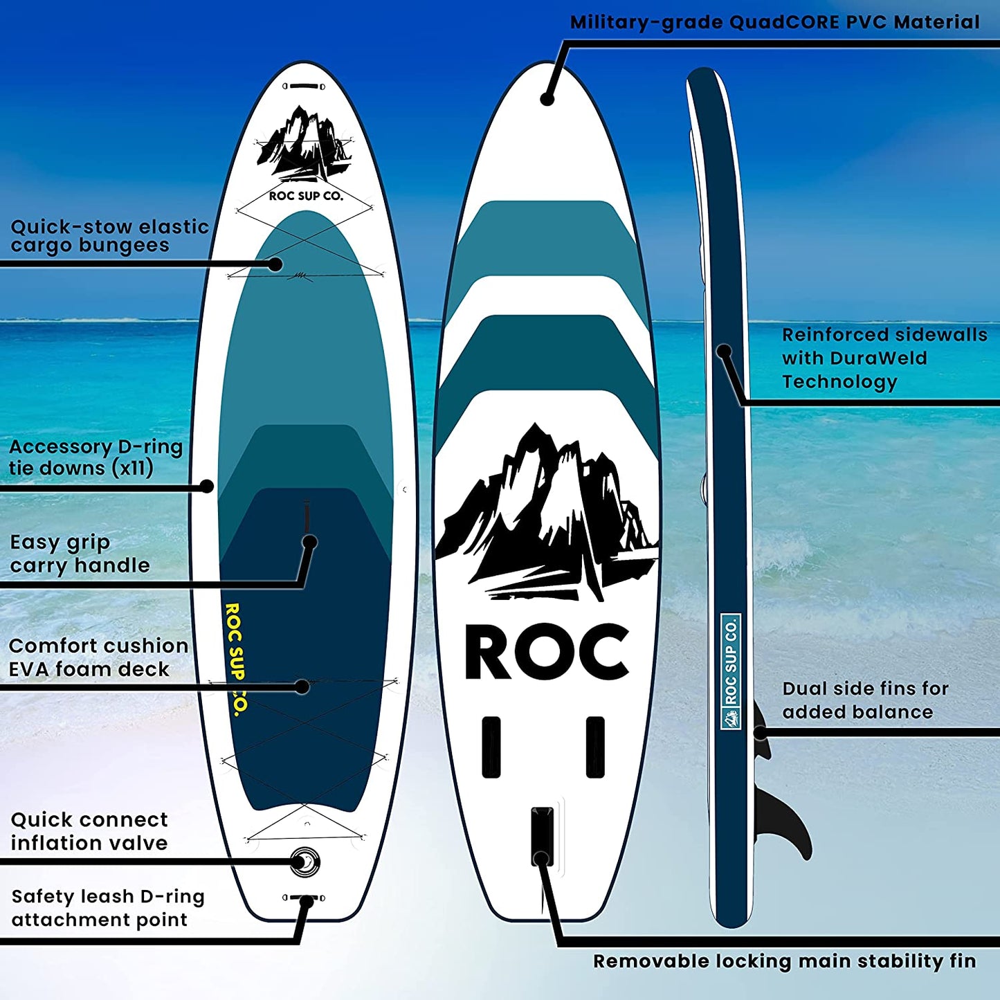 Roc Inflatable Stand Up Paddle Boards , Wide Stable Design, Non-Slip Comfort Deck