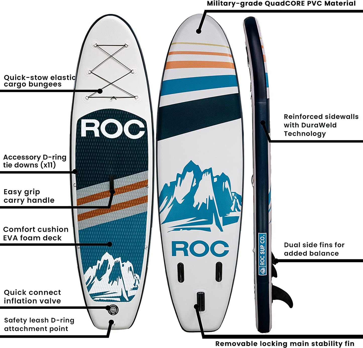 Roc Inflatable Stand Up Paddle Boards , Wide Stable Design, Non-Slip Comfort Deck