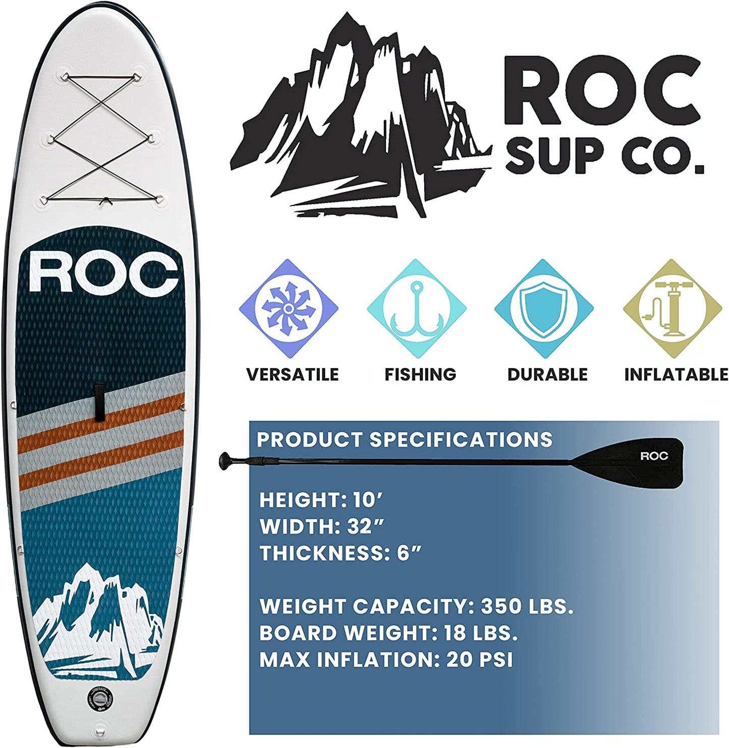 Roc Inflatable Stand Up Paddle Boards , Wide Stable Design, Non-Slip Comfort Deck