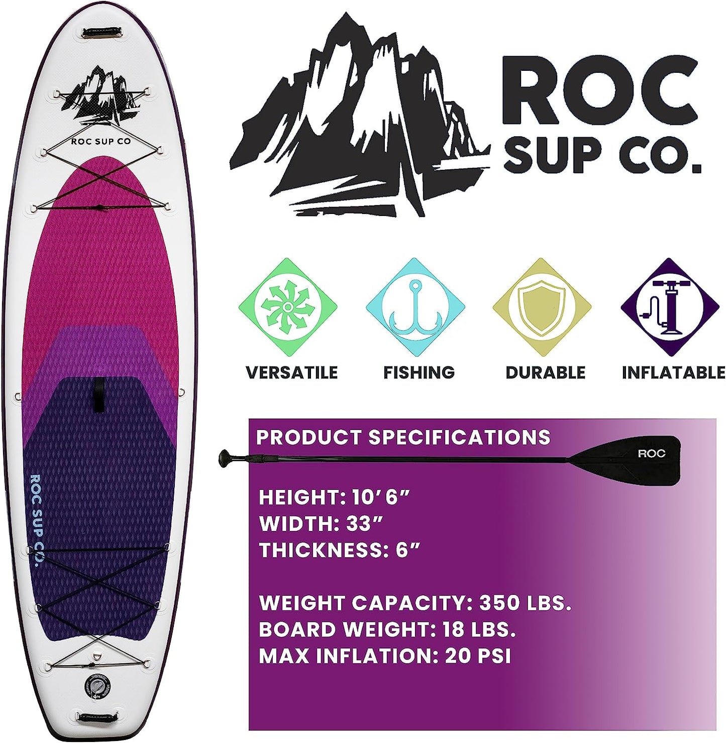 Roc Inflatable Stand Up Paddle Boards , Wide Stable Design, Non-Slip Comfort Deck