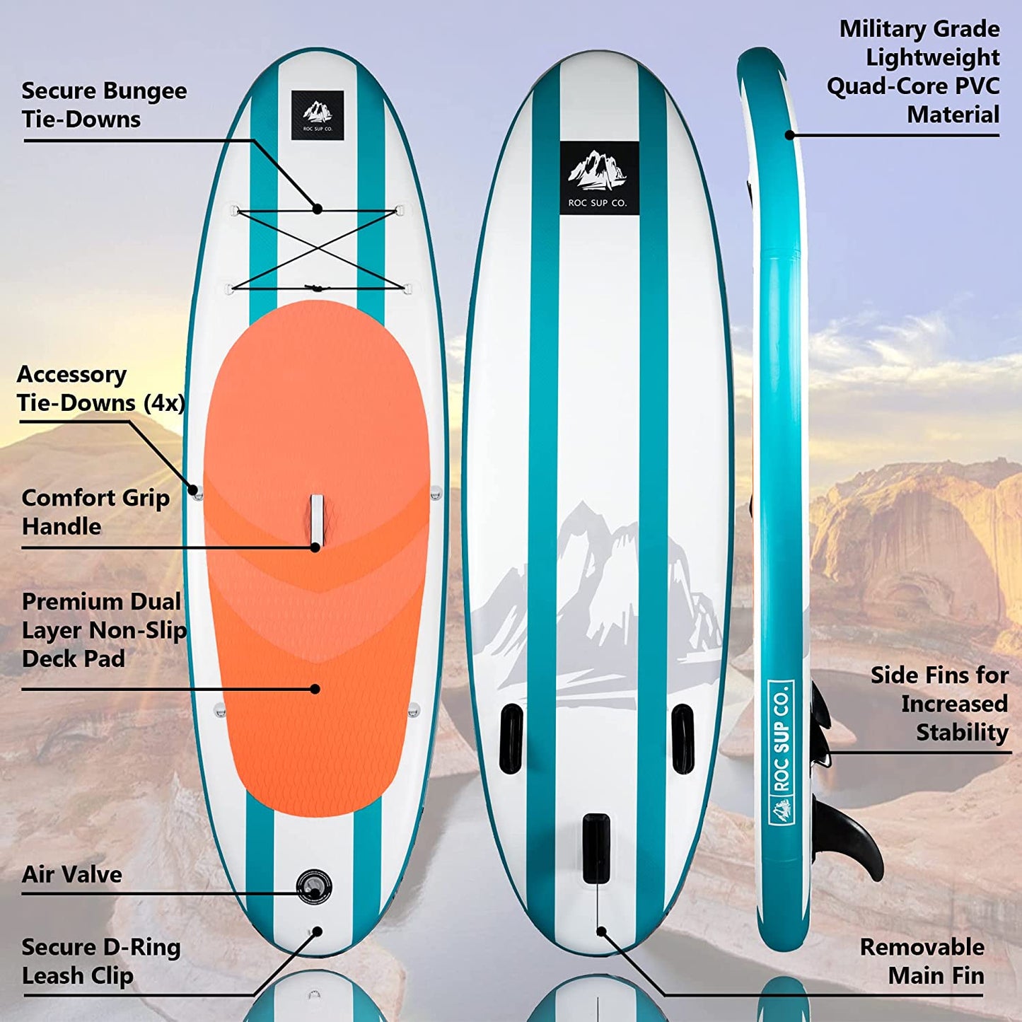 Roc Inflatable Stand Up Paddle Boards , Wide Stable Design, Non-Slip Comfort Deck