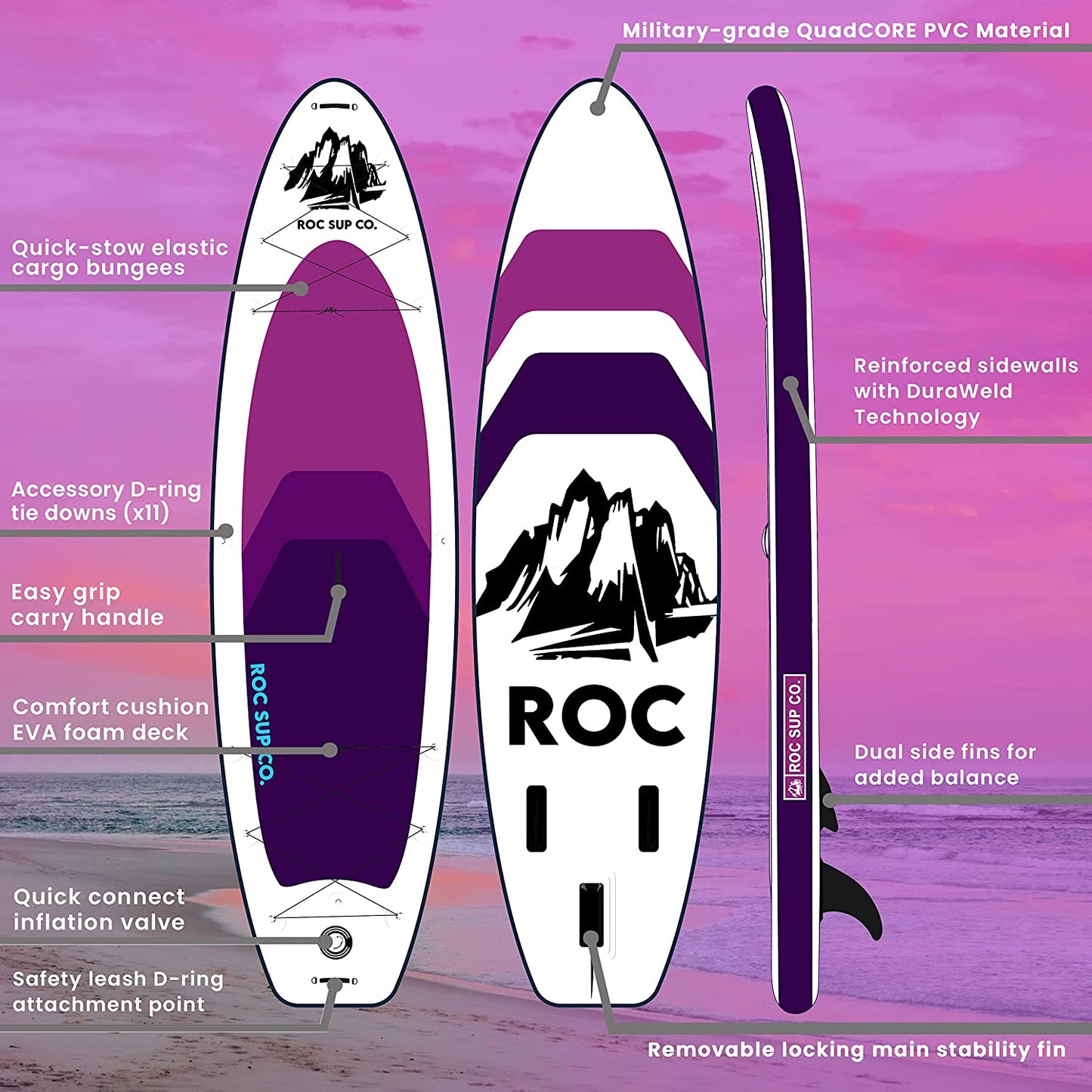 Roc Inflatable Stand Up Paddle Boards , Wide Stable Design, Non-Slip Comfort Deck