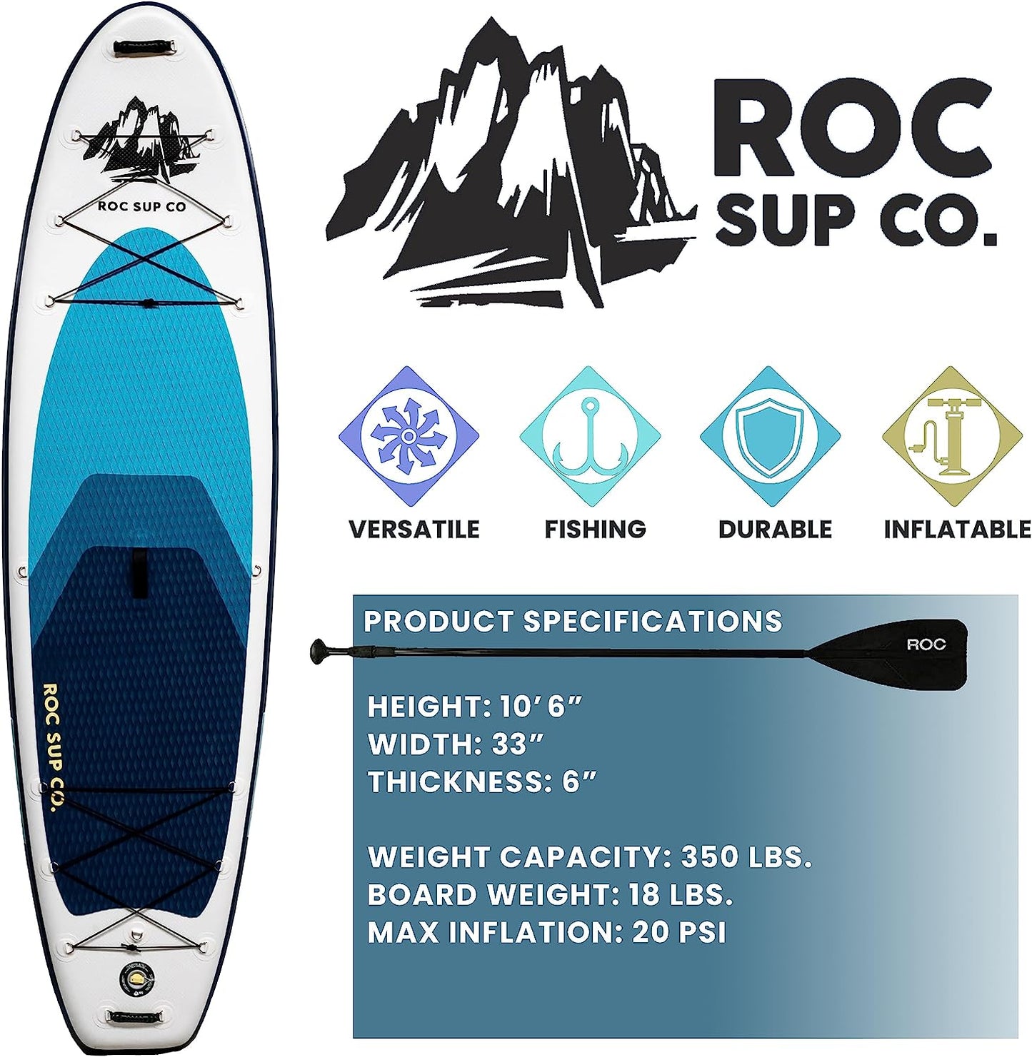 Roc Inflatable Stand Up Paddle Boards , Wide Stable Design, Non-Slip Comfort Deck