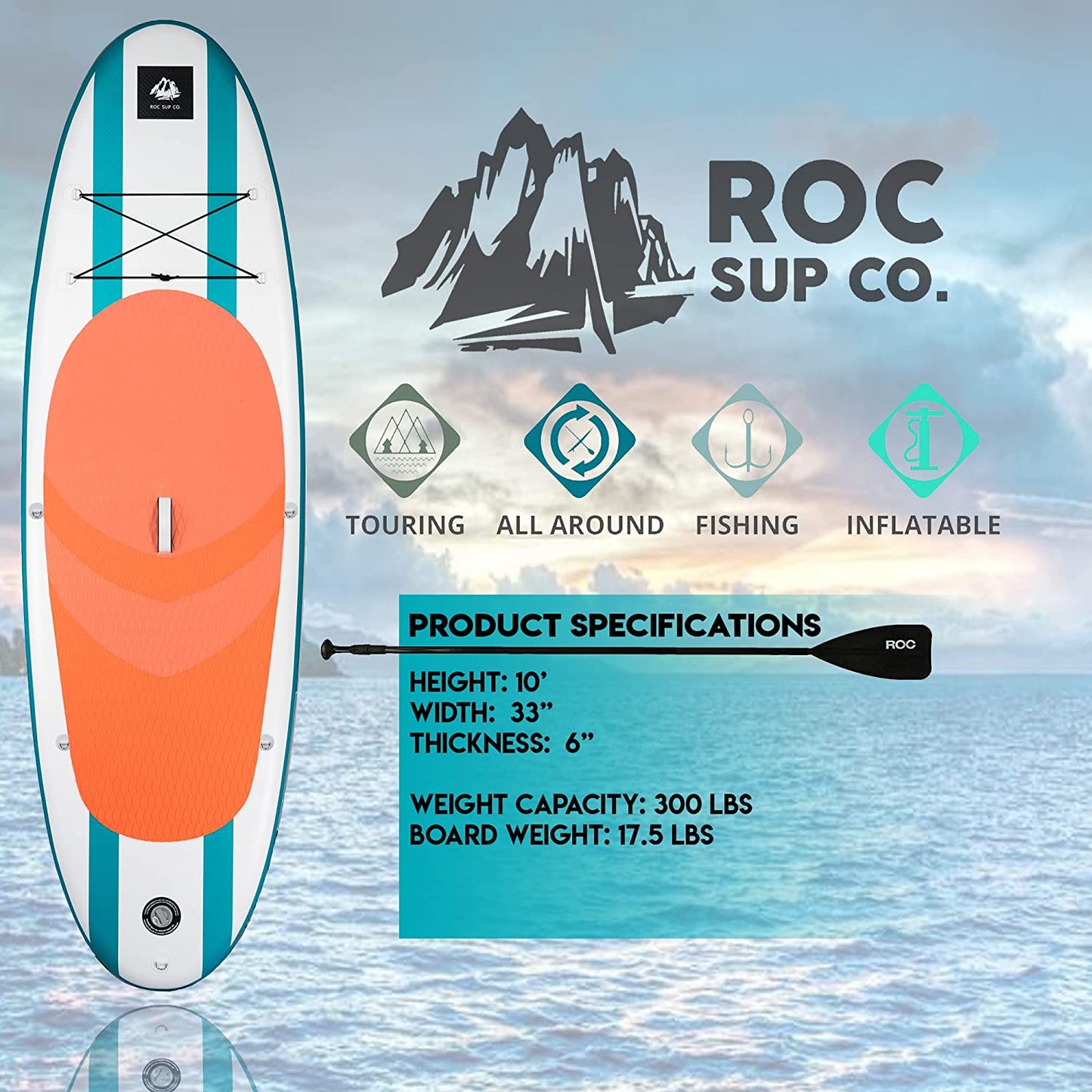 Roc Inflatable Stand Up Paddle Boards , Wide Stable Design, Non-Slip Comfort Deck