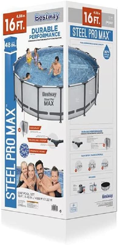 Bestway Steel Pro MAX 16 Foot x 48 Inch Round Metal Frame Above Ground Outdoor Swimming Pool Set with 1,000 Filter Pump, Ladder, and Cover