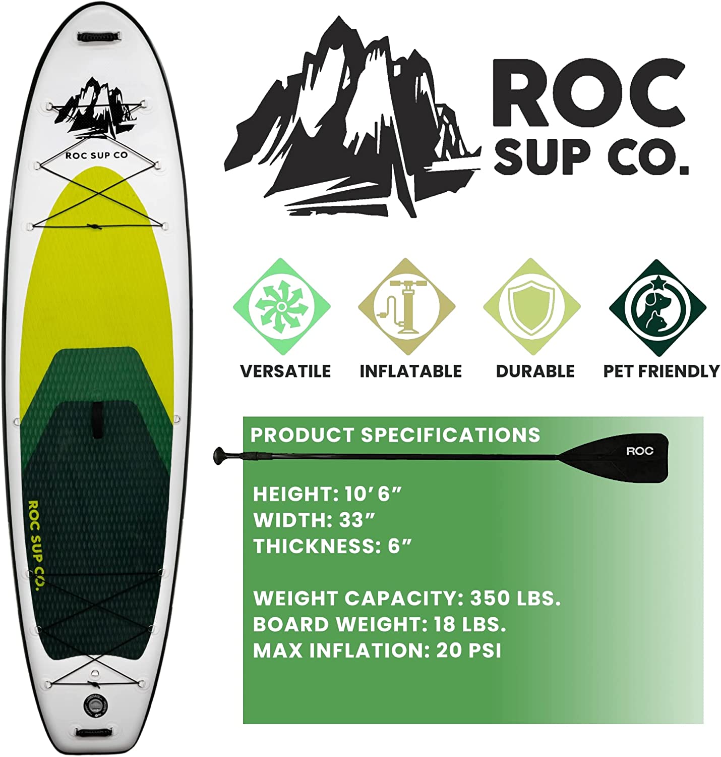 Roc Inflatable Stand Up Paddle Boards , Wide Stable Design, Non-Slip Comfort Deck