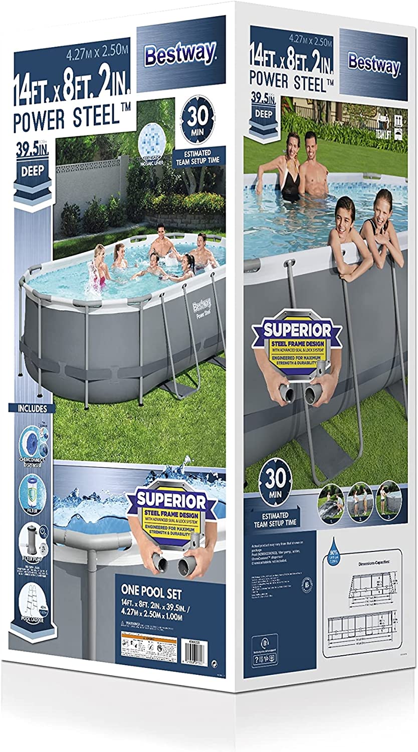 Bestway Power Steel 14' x 8'2" x 39.5" Oval Above Ground Pool Set | Includes 530gal Filter Pump, Ladder, ChemConnect Dispener