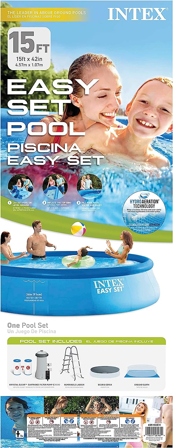 INTEX 28167EH Easy Set Inflatable Swimming Pool Set: 15ft x 48in – Includes 1000 GPH Cartridge Filter Pump – Removable Ladder – Pool Cover – Ground Cloth