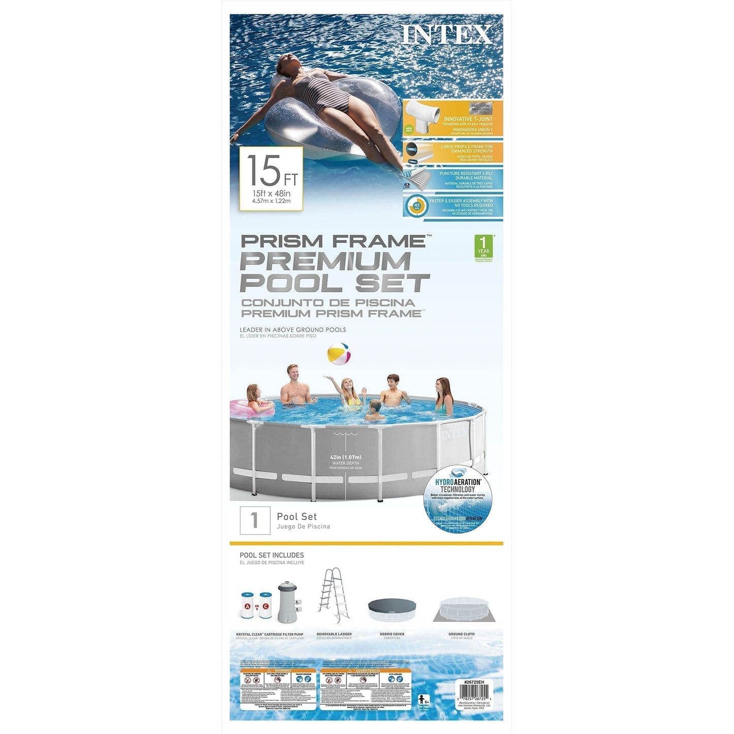 Intex 15ft x 48in Prism Above Ground Swimming Pool Set with Ladder and Cover